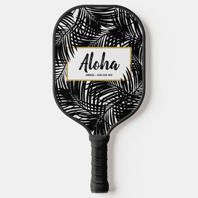 Tropical Palm Leaf Aloha Schwarz-weiß Personalisie Pickleball Schläger (Vorderseite)