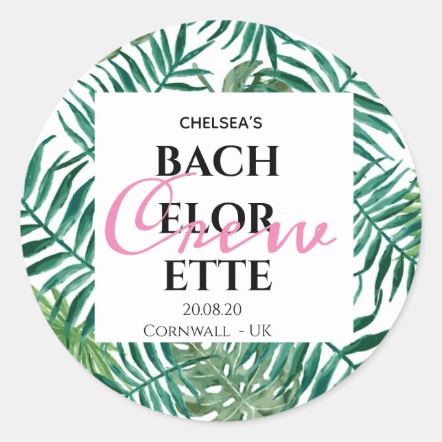 Tropical Palm Leaf Bachelorette Crew Party Runder Aufkleber (Vorderseite)