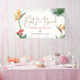 Tropical Palm Leaf Bat Mitzvah Gold Script Willkom Banner