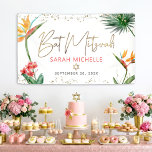 Tropical Palm Leaf Bat Mitzvah Gold Script Willkom Banner<br><div class="desc">Seien Sie stolz, freuen Sie sich und präsentieren Sie diesen Meilenstein Ihres Lieblings-Bat Mitzvah! Lassen Sie sich von diesem atemberaubenden, modernen, stilvollen, personalisierten Banner in einen besonderen Tag hineinführen. Stilvolle, atemberaubende, farbenfrohe, tropische Wasserfarbenvögel paradiesischer Blume, Imitate goldgeschriebene Schrift, Star of David und Glitzer Punkte, zusammen mit dunklem Rose rosa und...</div>