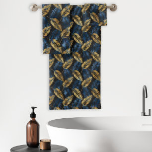 Tropical Palm Leaf Fronds Muster Black Blue Gold Badhandtuch Set