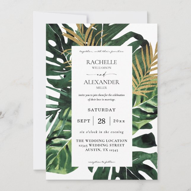 Tropical Palm Leaf Gold 1B Einladung zur Hochzeit (Vorderseite)