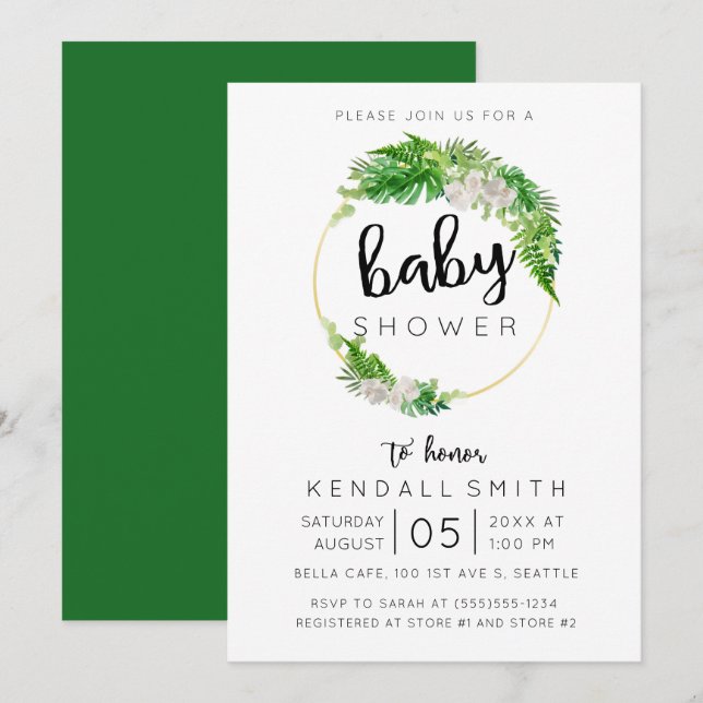 Tropical Palm Leaf Greenery Baby Dusche Einladung (Vorne/Hinten)