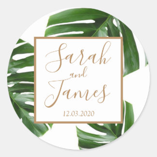 Tropical Palm Leaf grüne Rose Goldkleber Runder Aufkleber