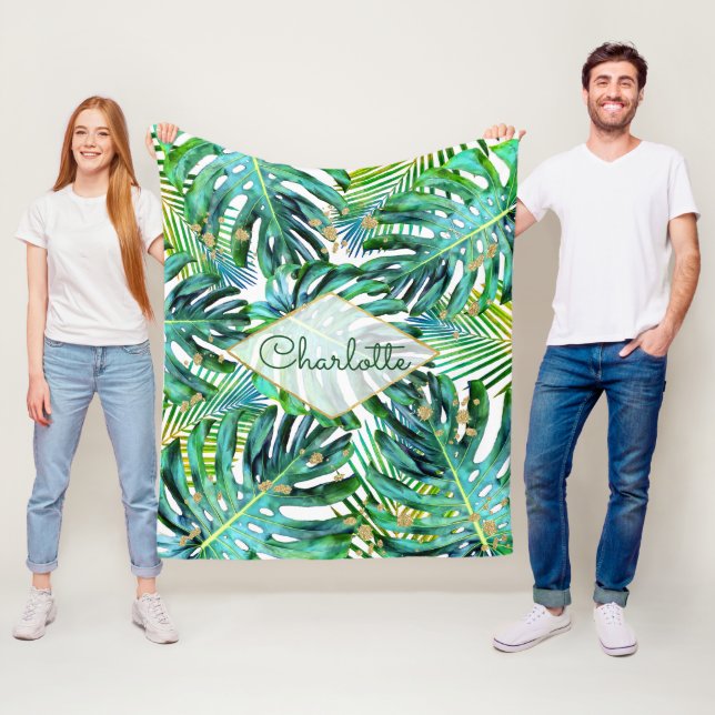 Tropical Palm Leaf Grünpflanzen Muster Gold Glitze Fleecedecke (Beispiel)