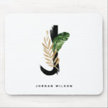 Tropical Palm Leaf Letter J Monogram Personalisier Mousepad<br><div class="desc">Individuell anpassbarer Buchstabe J Monogramm Mousepad mit tropischen Palmenblättern in Aquarellfarbe,  Imitaten Blattgold und schwarzen Aquarellpinsel Akzenten. Personalisieren Sie dieses Mousepad in tropischer Monografie nach Ihrem Namen oder anderen Details. Dieses rohe J Monogram Mousepad wird als Geschenk perfekt sein. Andere Briefe sind verfügbar.</div>