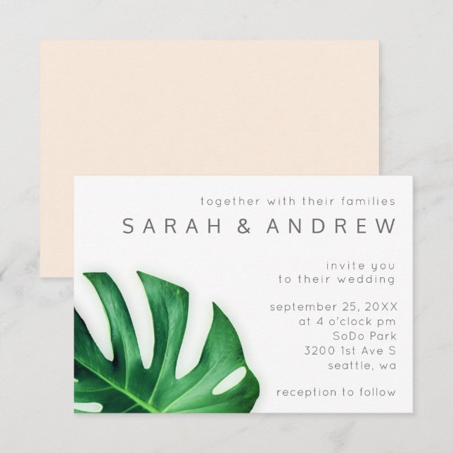 Tropical Palm Leaf Minimalistische Hochzeit Einlad Einladung (Vorne/Hinten)
