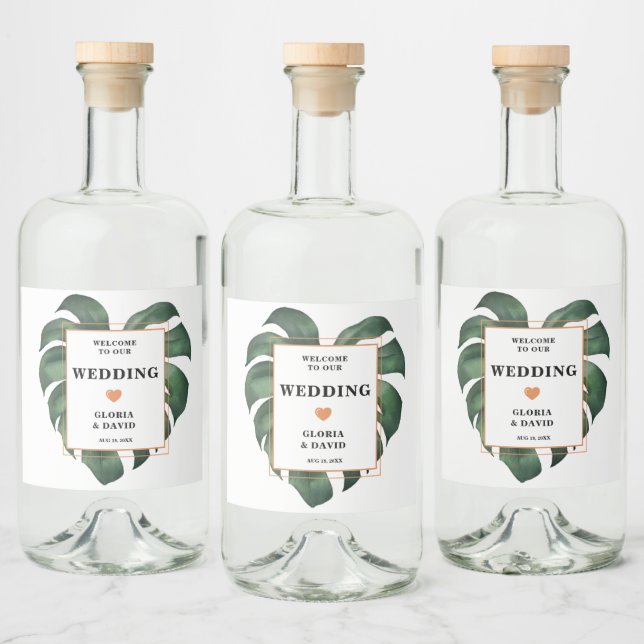 Tropical Palm Leaf Monstera Wedding Alkoholflaschenetikett (Flaschen)