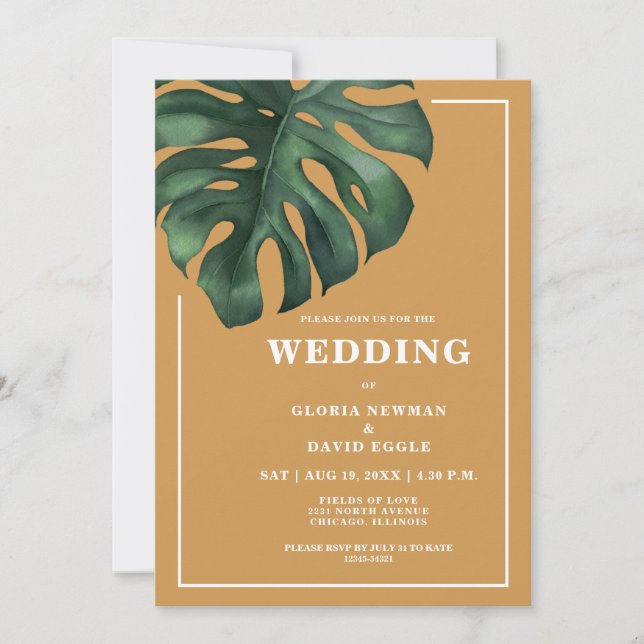 Tropical Palm Leaf Monstera Wedding Invitation Einladung (Vorderseite)
