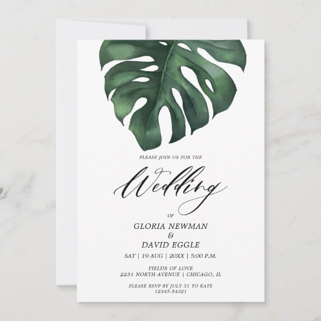 Tropical Palm Leaf Monstera Wedding Invitation Einladung (Vorderseite)