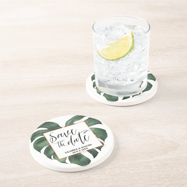 Tropical Palm Leaf Save the Date Sandstone Getränkeuntersetzer (Seite)