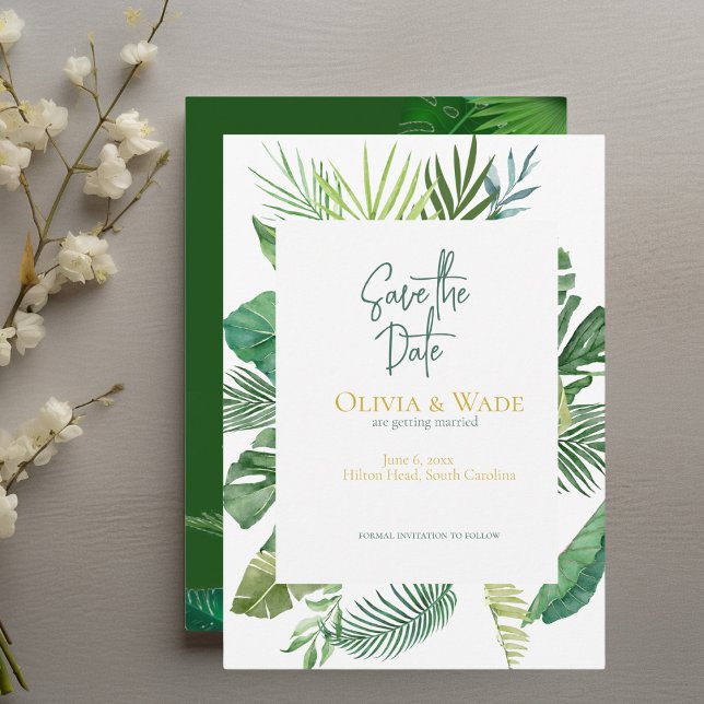 Tropical Palm Leaf Script Rett-the-date Einladung (Von Creator hochgeladen)