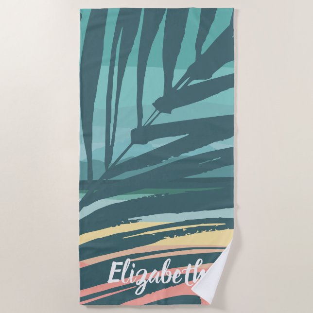 Tropical Palm Leaf Sunset Individuelle Name Strandtuch (Vorderseite)