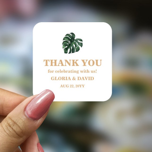 Tropical Palm Leaf Wedding Quadratischer Aufkleber (Von Creator hochgeladen)