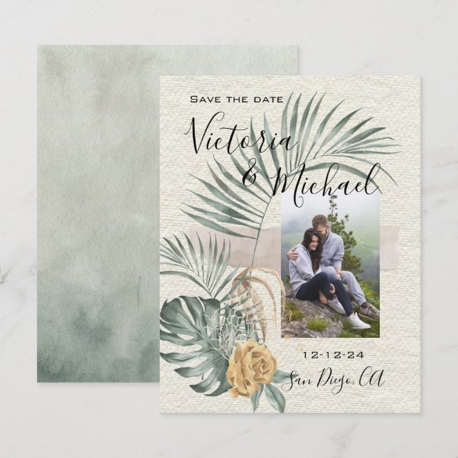 Tropical Palm Leaves wedding Foto Save the date Einladung (Vorne/Hinten)