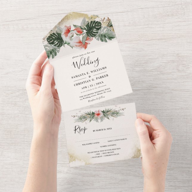 Tropical Palm | Monstera Beach Wedding All In One Einladung (Abreißen)