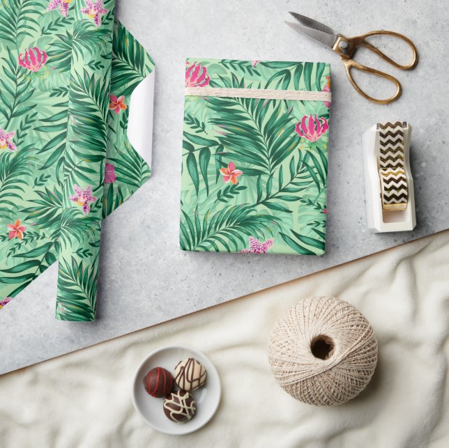 Tropical Palm & Monstera Blätter & exotische Blume Geschenkpapier (Kunsthandwerk)