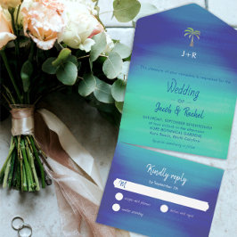 Tropical Palm Mute Blue Green Beach Hochzeit All In One Einladung