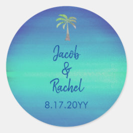 Tropical Palm Mute Blue Green Beach Hochzeit Runder Aufkleber