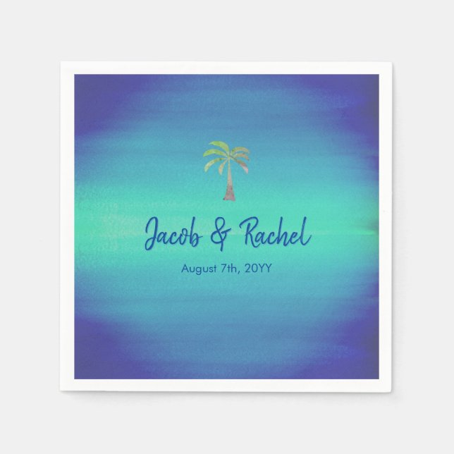 Tropical Palm Mute Blue Green Beach Hochzeit Serviette (Vorderseite)