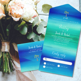 Tropical Palm Neon Blue Green Beach Hochzeit All In One Einladung