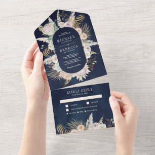 Tropical Palm Pampas Grass Floral Navy Hochzeit All In One Einladung