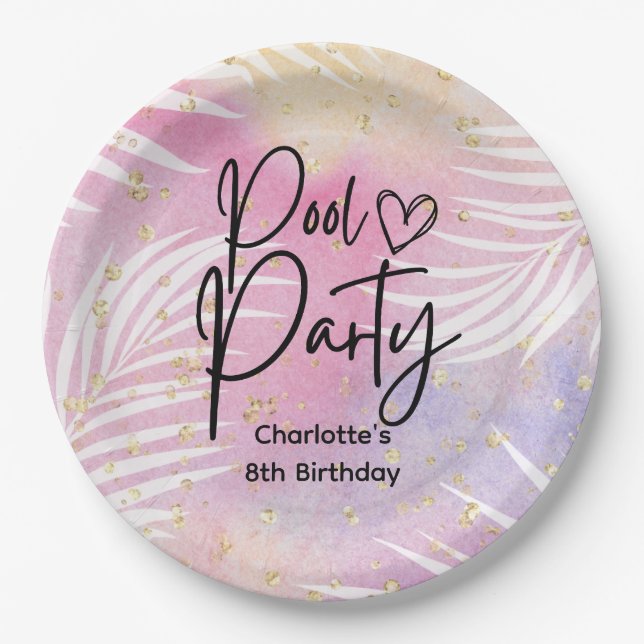 Tropical Palm Pastel Rainbow Pool Party Pappteller (Vorderseite)