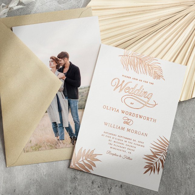 Tropical Palm Rose Gold Foil Foto Hochzeit Folieneinladung (Von Creator hochgeladen)