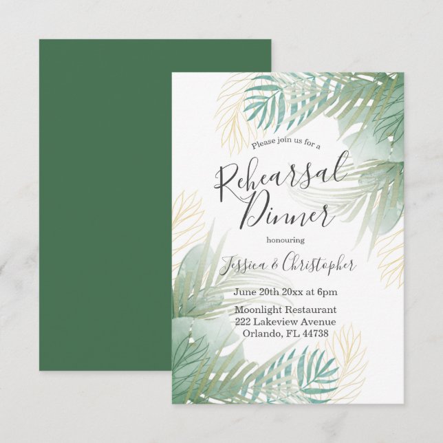 Tropical Palm Sage Green Hochzeit Probe Dinner Einladung (Vorne/Hinten)