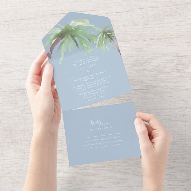 Tropical Palm Sky Blue Wedding All In One Einladung (Abreißtisch)