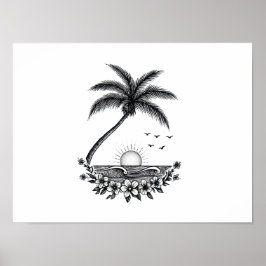 Tropical Palm Sunset – Minimalist Beach Line Art  Poster