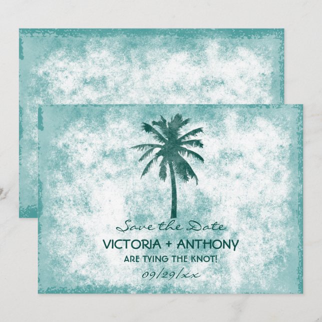Tropical Palm Tree Beach Hochzeit Save the Date (Vorne/Hinten)