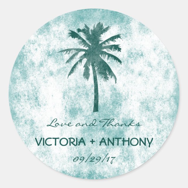 Tropical Palm Tree Beach Hochzeit Vielen Dank Runder Aufkleber (Vorderseite)