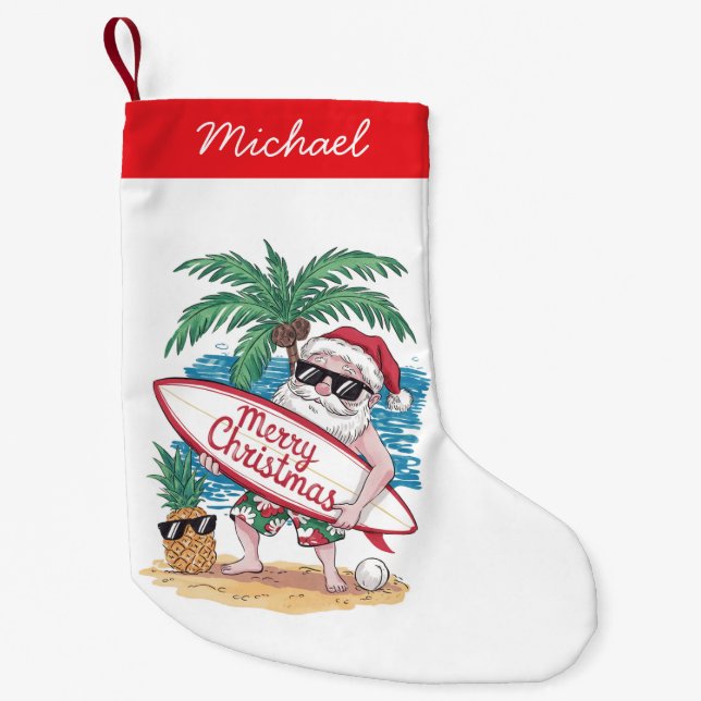 Tropical Palm Tree Beach Surfen Santa Kleiner Weihnachtsstrumpf (Vorderseite)