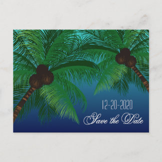 Tropical Palm Tree Beach Wedding retten Sie die Te Ankündigungspostkarte