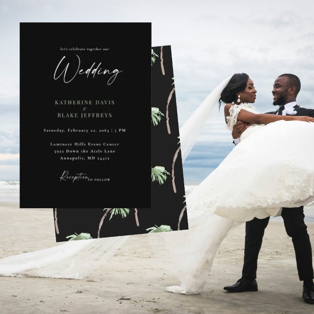 Tropical Palm Tree Black Wedding Einladung (Von Creator hochgeladen)