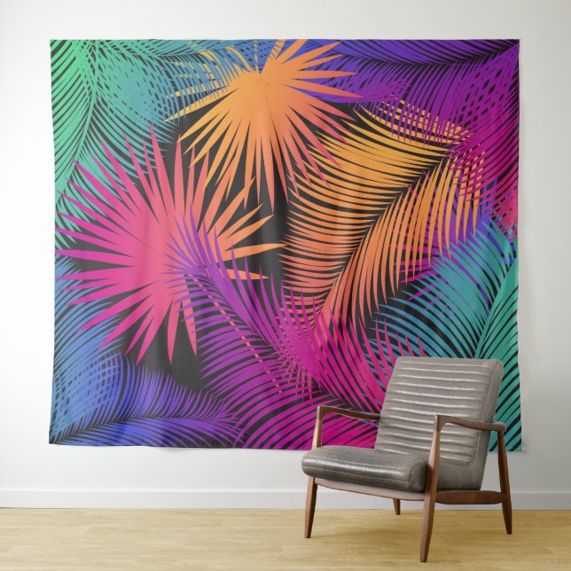 Tropical Palm Tree Blätter Jungle Rainbow Wandteppich (Beispiel (Horizontal))