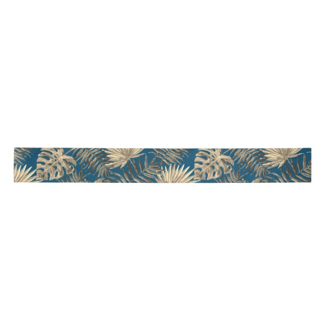 Tropical Palm Tree Blätter Muster Aquamarin Blue G Satinband (Vorderseite)