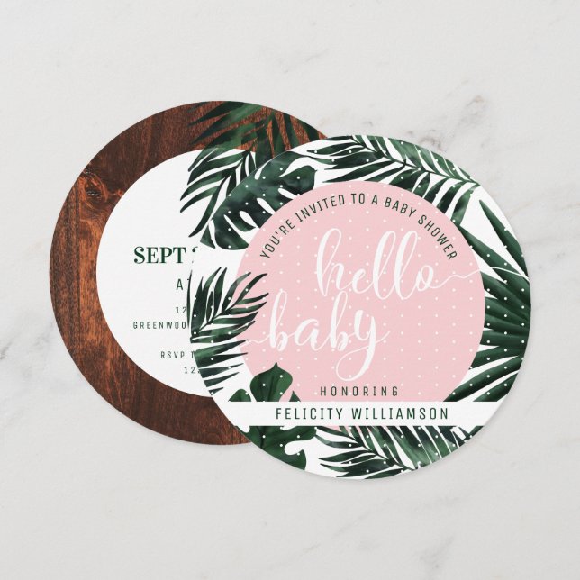 Tropical Palm Tree Blätter & Wood Girl Baby Shower Einladung (Vorne/Hinten)