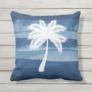 Tropical Palm Tree Blaues weißes Kissen im Freien