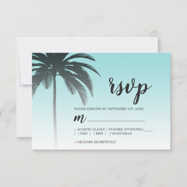 Tropical Palm Tree Blue Beach Hochzeit RSVP Karte (Vorderseite)