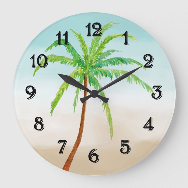 Tropical Palm Tree Blue Sand Ombre Große Wanduhr (Vorderseite)