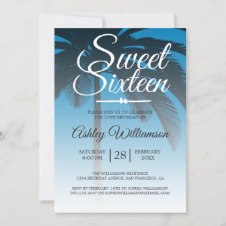 Tropical Palm Tree Blue Sweet 16. Geburtstag Einladung