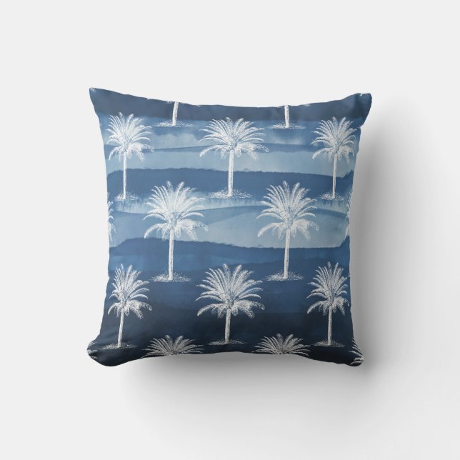 Tropical Palm Tree Blue White Pattern Kissen (Vorderseite)