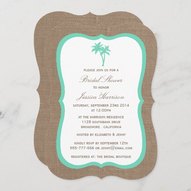 Tropical Palm Tree Burlap Beach Brautparty Einladung (Vorne/Hinten)