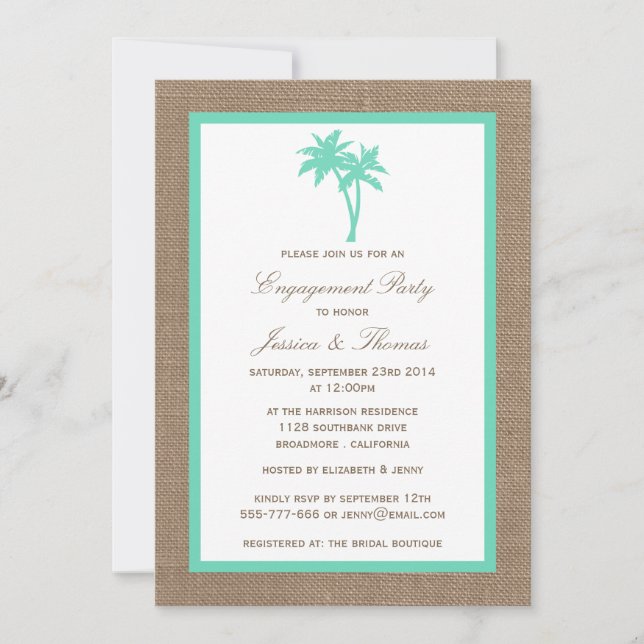 Tropical Palm Tree Burlap Beach Engagement Party Einladung (Vorderseite)