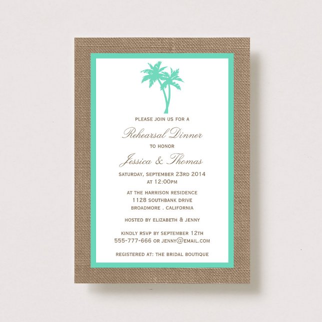 Tropical Palm Tree Burlap Beach Probe Dinner Einladung (Von Creator hochgeladen)