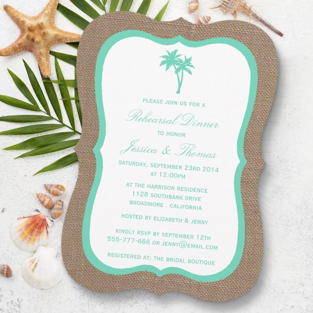 Tropical Palm Tree Burlap Beach Probe Dinner Einladung (Von Creator hochgeladen)