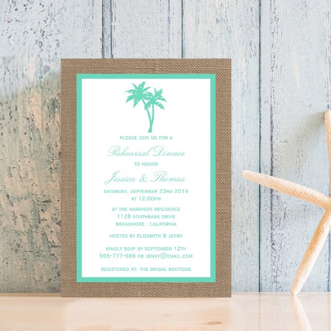 Tropical Palm Tree Burlap Beach Probe Dinner Einladung (Von Creator hochgeladen)