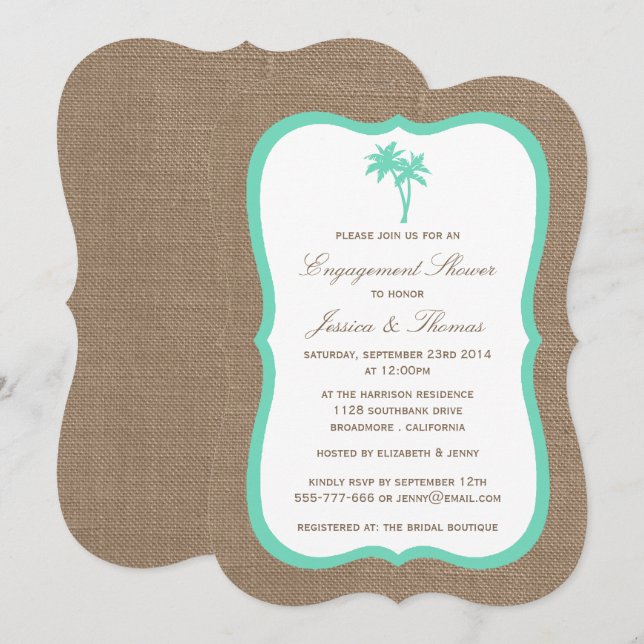 Tropical Palm Tree Burlap Beach Verlobung Dusche Einladung (Vorne/Hinten)